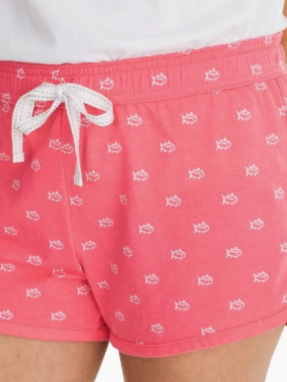 Southern Tide Coral Pink Lounge Drawstring Shorts with Fish Print